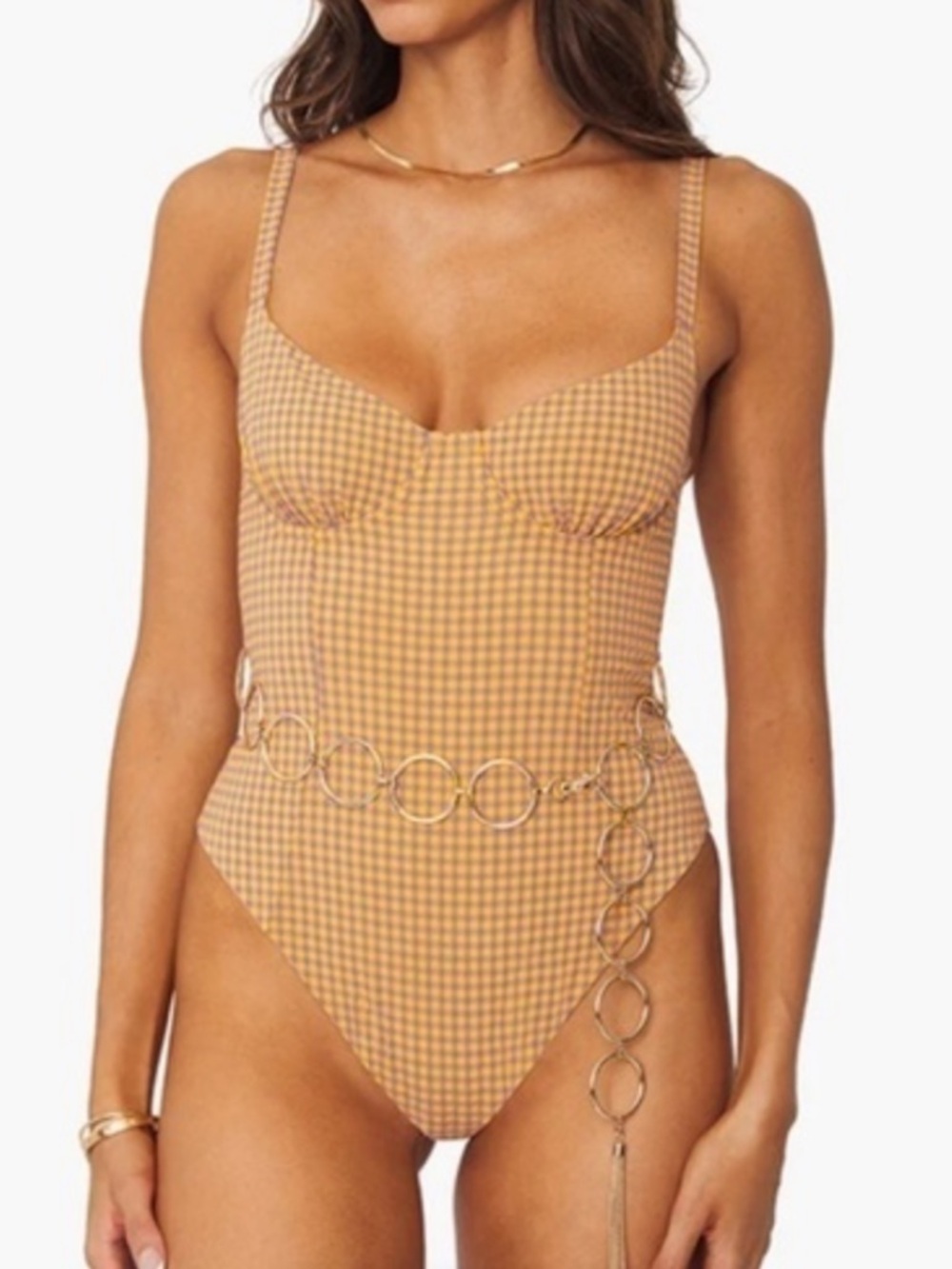 WeWoreWhat Danielle 3.0 Gingham one piece swim suit in tangerine